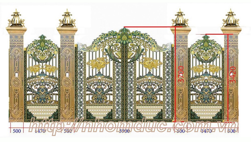 cổng nhôm đúc 1 cổng chính 2 cổng phụ